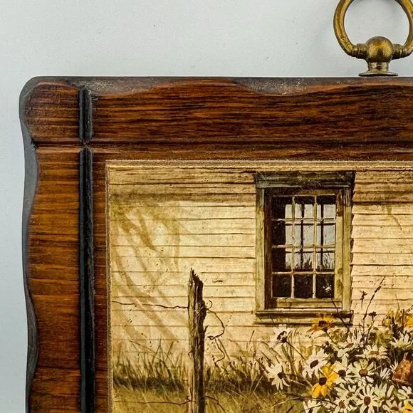 Vintage Rustic Barn Print Daisy Flowers – Wooden Frame Farmhouse MCM Decor - Picture 3 of 11